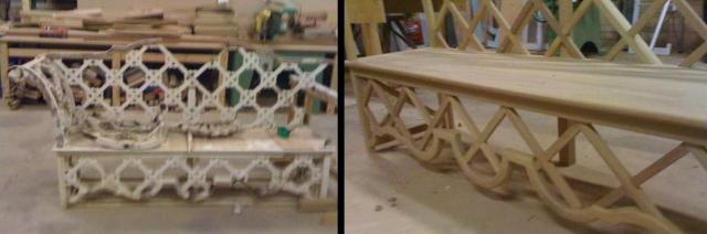 Origninal bench in a sorry state and its replacement in production